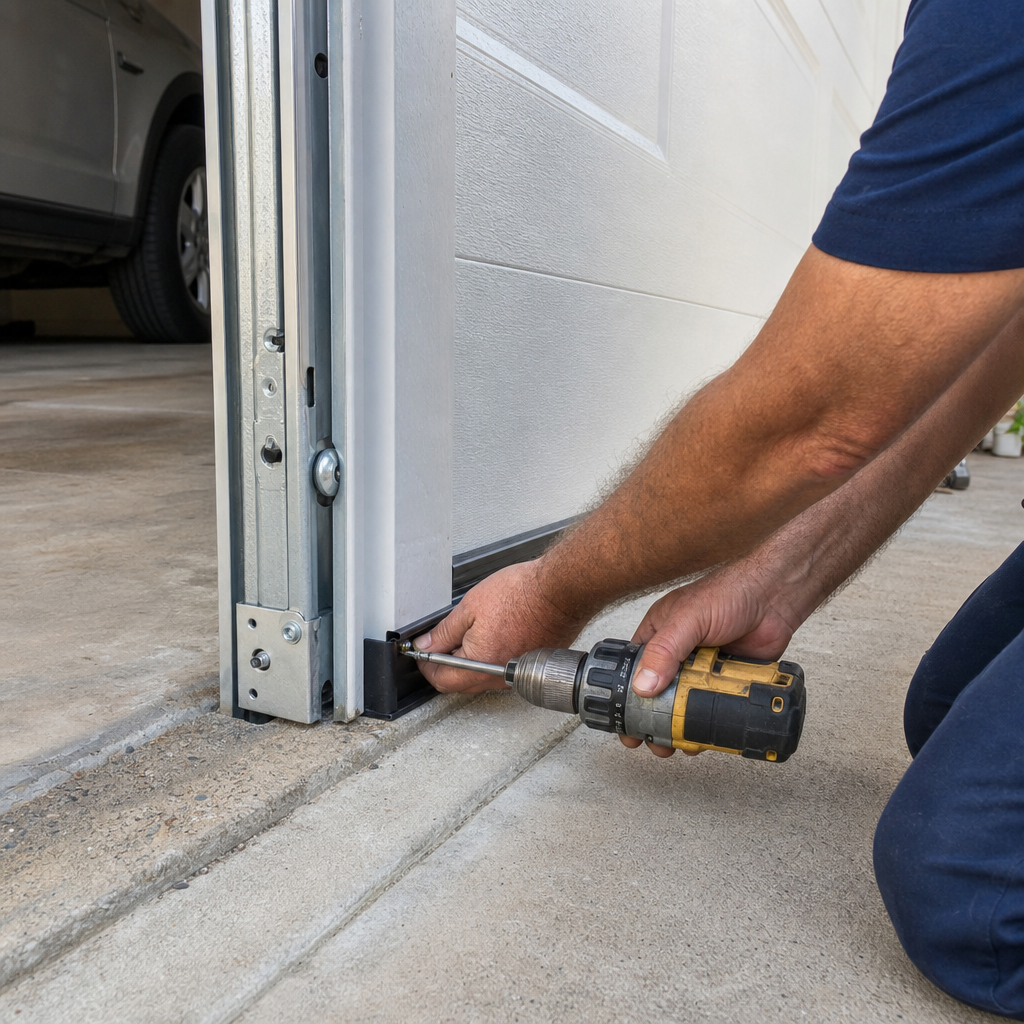 Technician using a drill to install a garage door seal