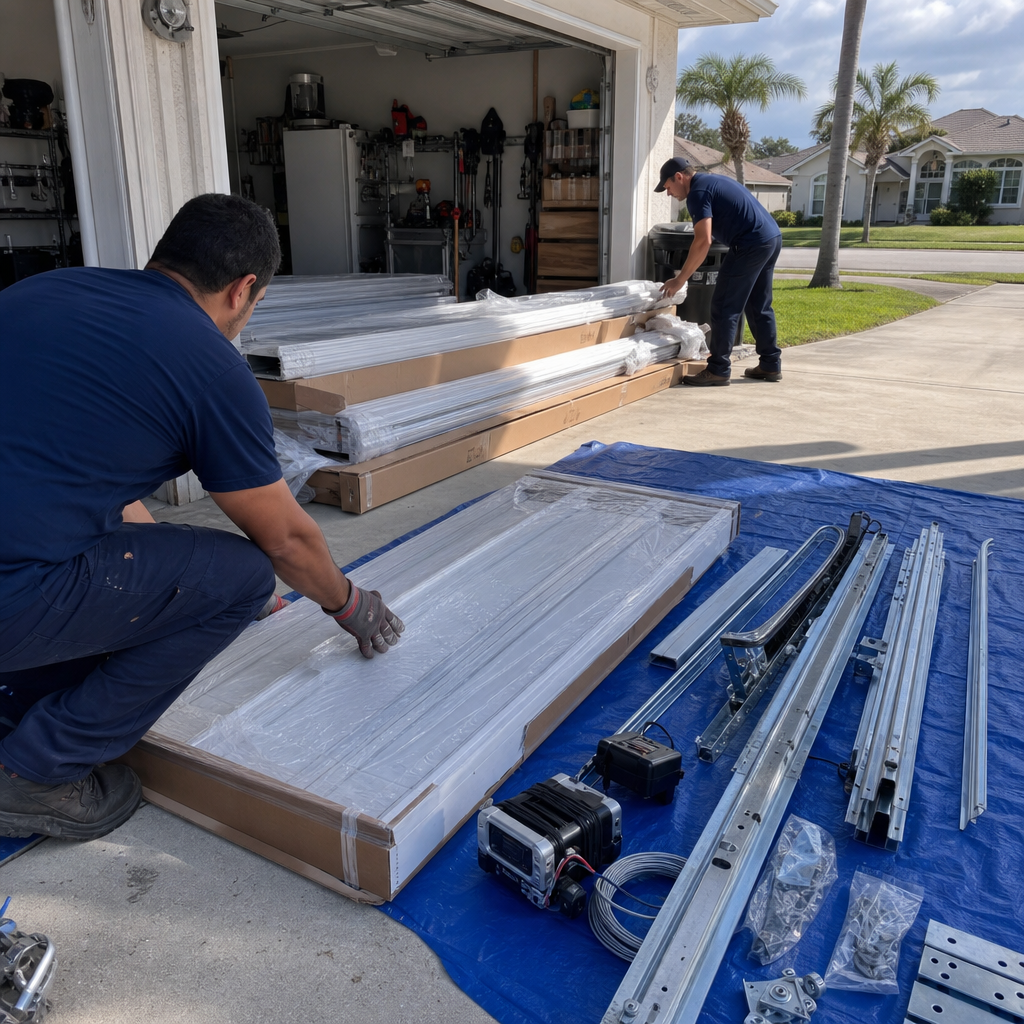 Two technicians preparing materials for a professional garage door installation service.