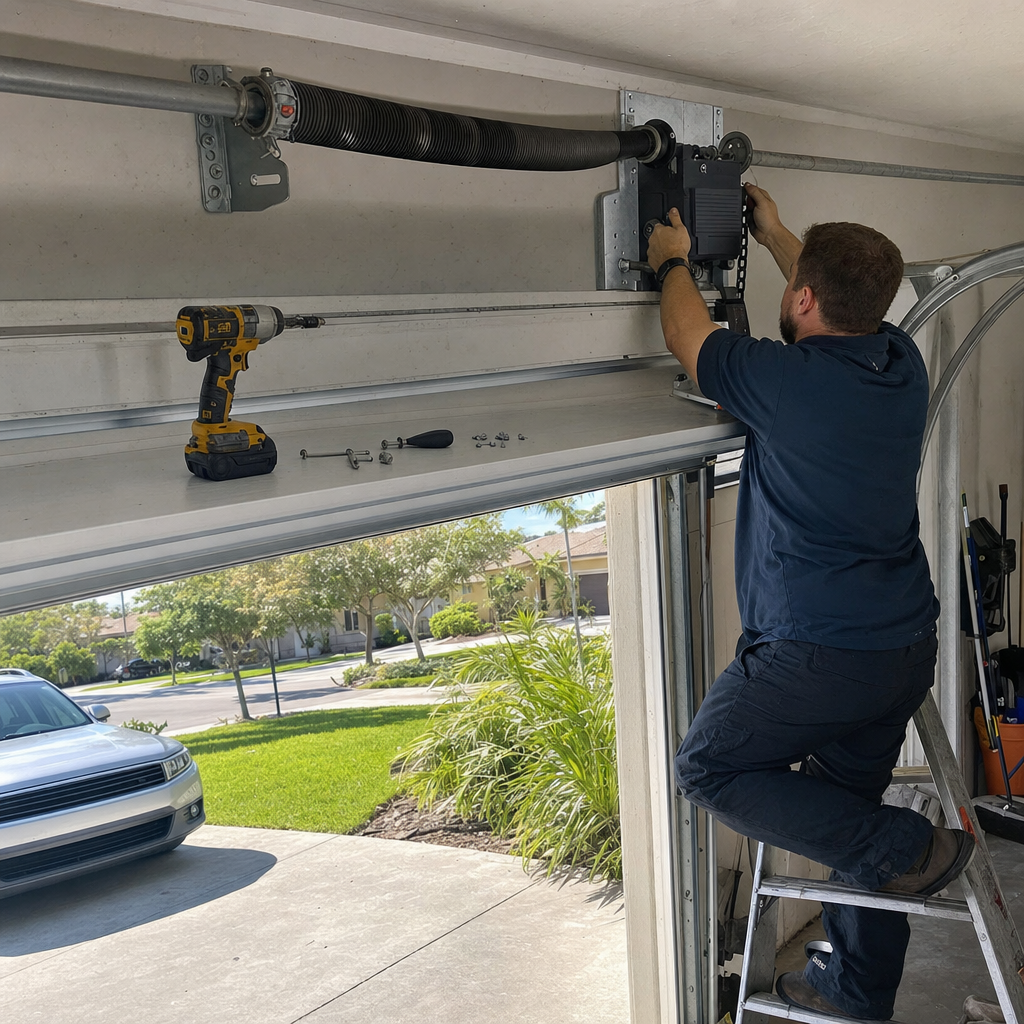 Technician installing a professional garage door opener on a ladder