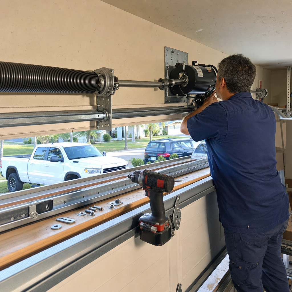 Technician installing a residential wall-mount garage door opener system