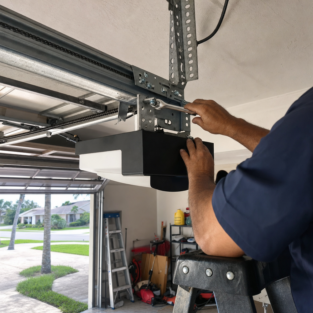 Technician using a wrench to repair a garage door opener motor