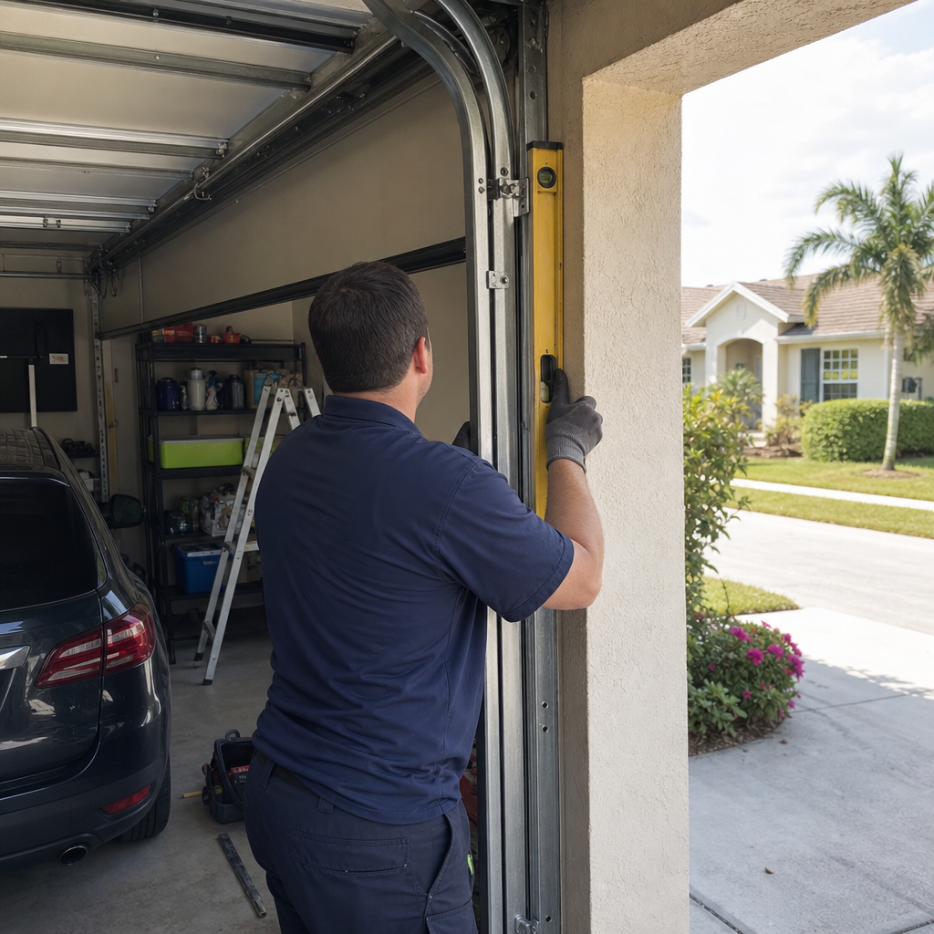 Technician using a level to repair a garage door track