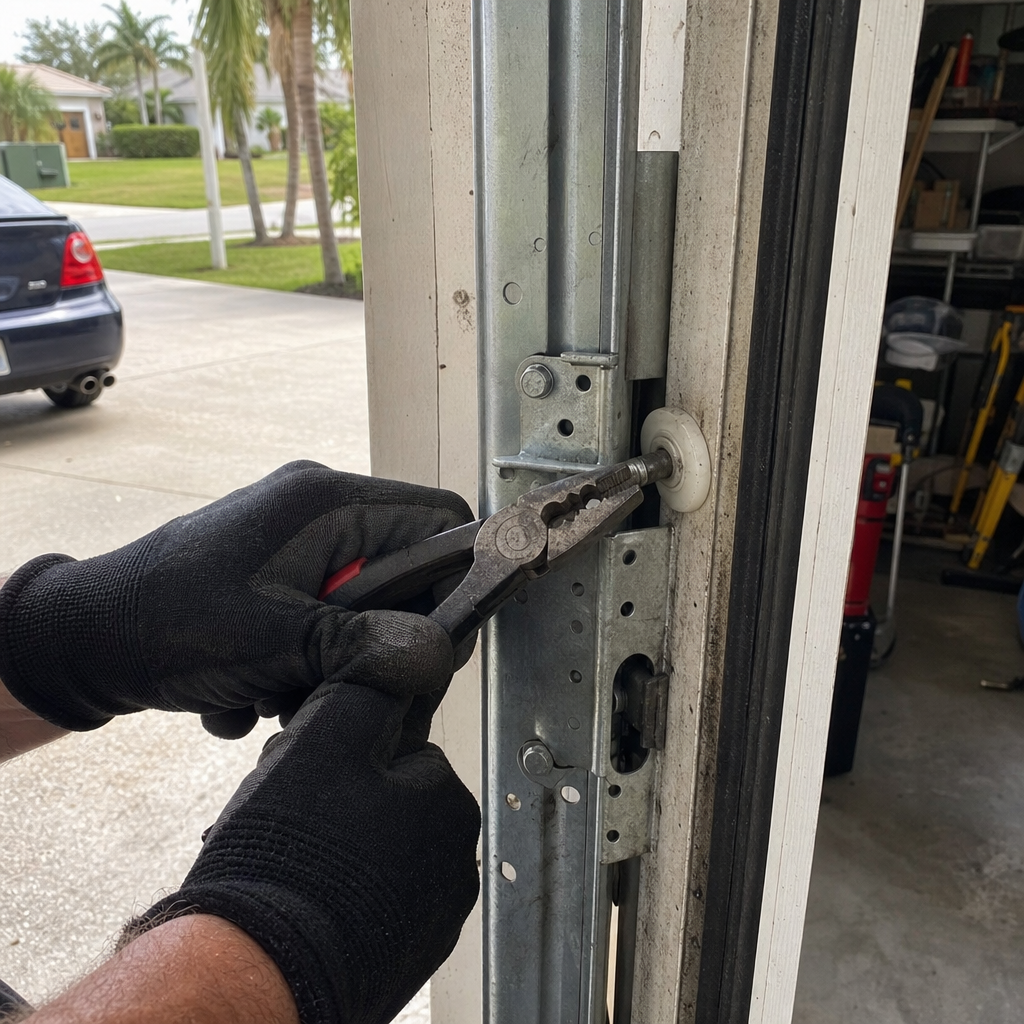 Technician performing professional garage door roller repair and maintenance