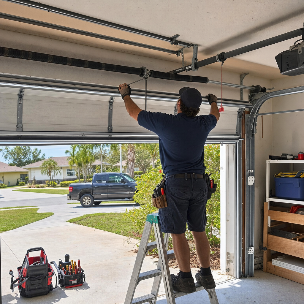 Technician performing professional garage door spring repair and maintenance