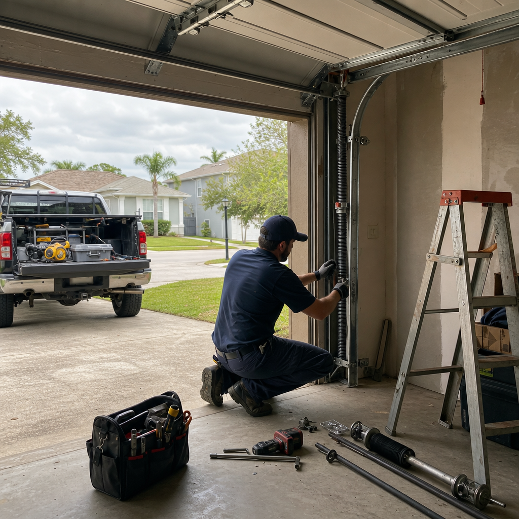 Technician performing an emergency garage door spring repair in Fort Myers, FL
