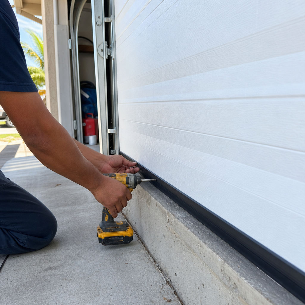 Technician installing a garage door weather seal with a power drill.