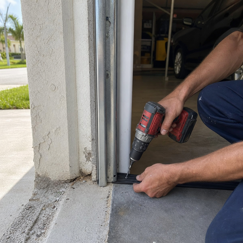 Technician installing new garage door weather seal with power drill