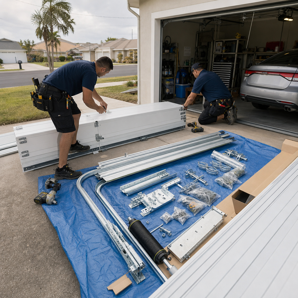 Two professionals installing a new residential garage door on a driveway