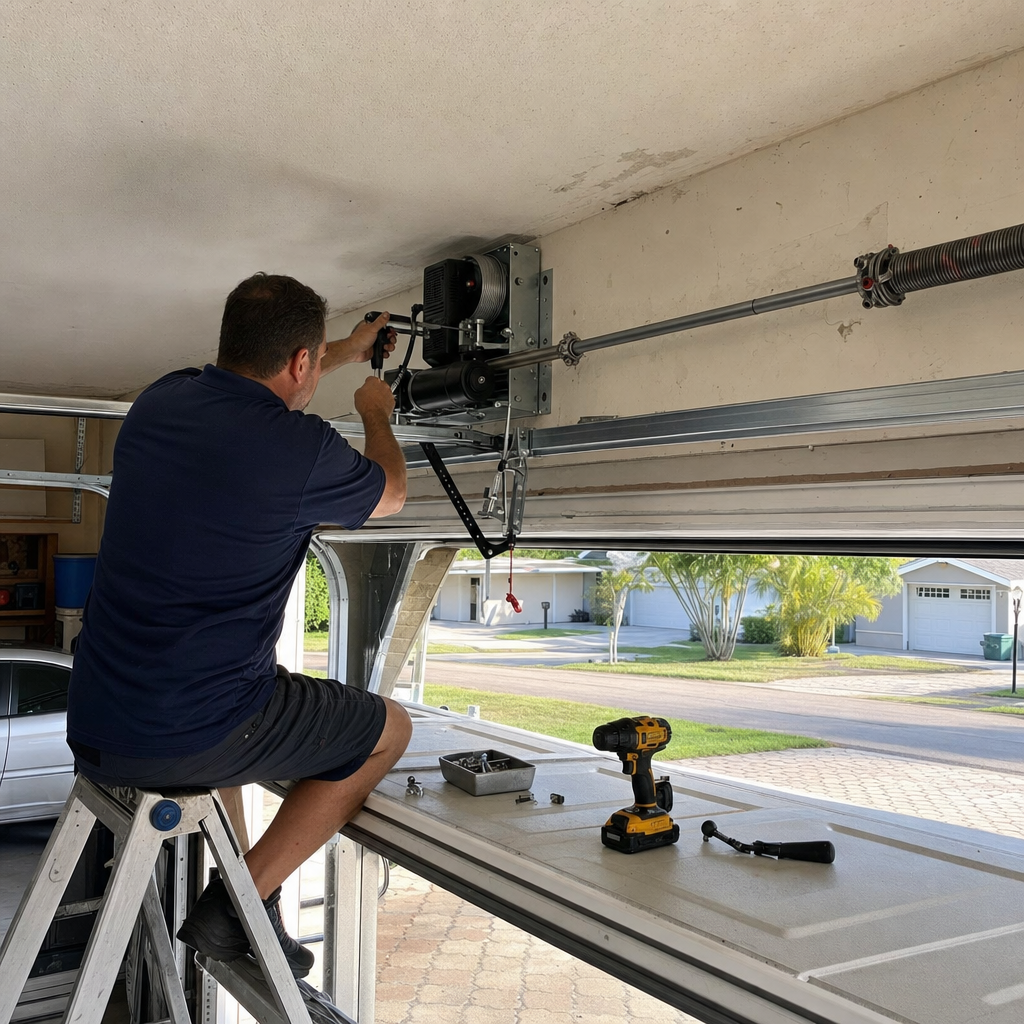 Technician installing a residential wall-mount garage door opener system
