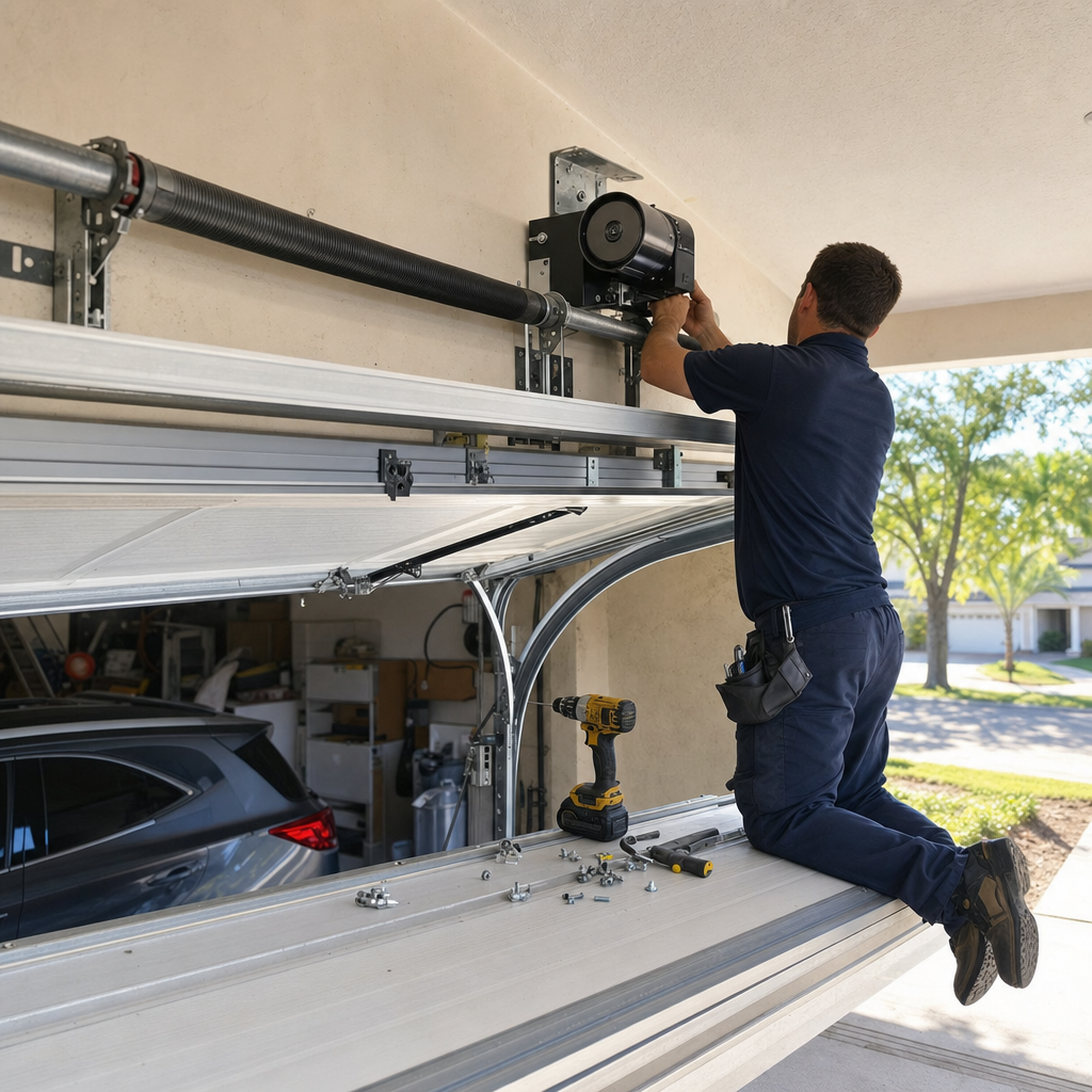 Technician repairing or installing a modern wall-mounted garage door opener