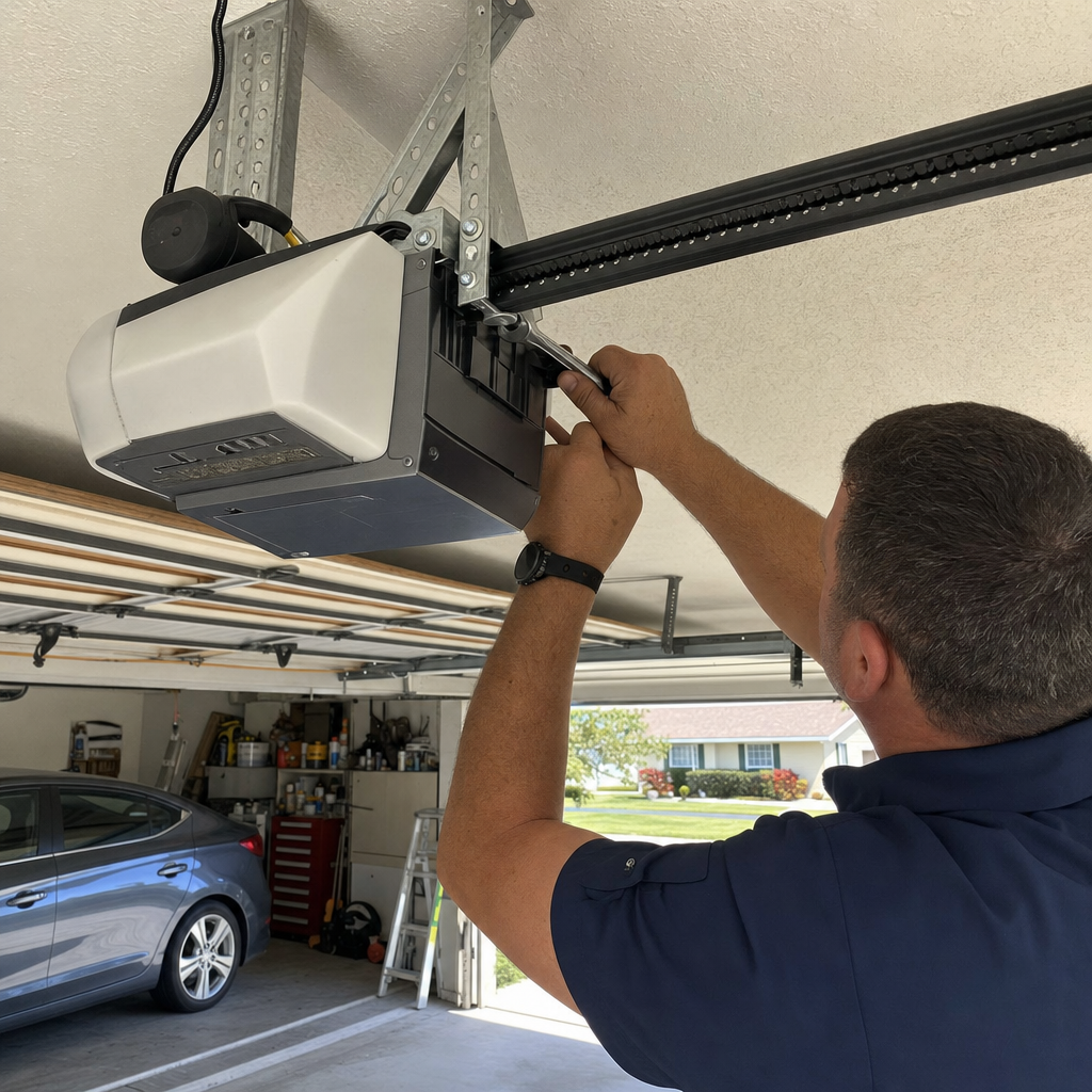 Technician performing professional garage door opener repair and maintenance