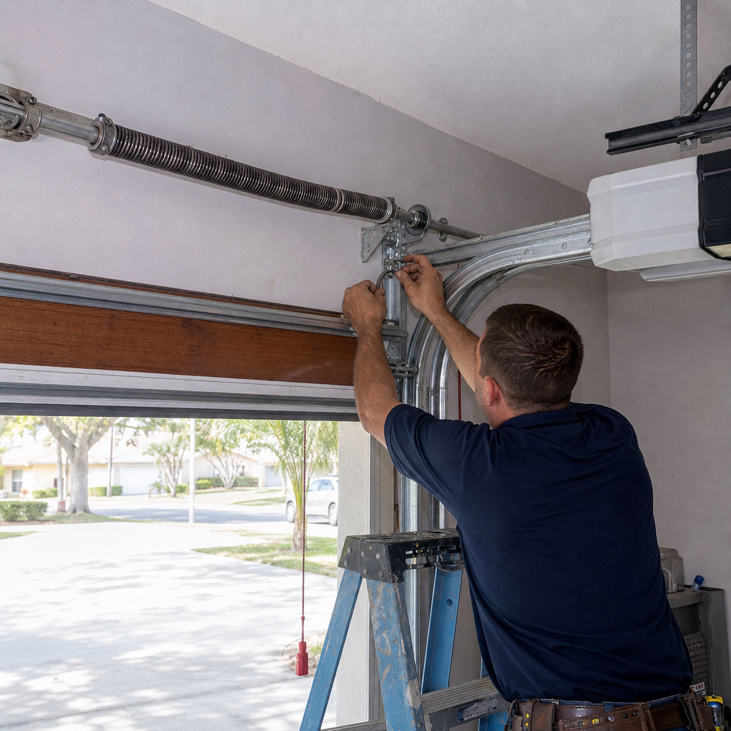 Technician performing professional garage door spring maintenance and parts repair in Fort Myers, FL
