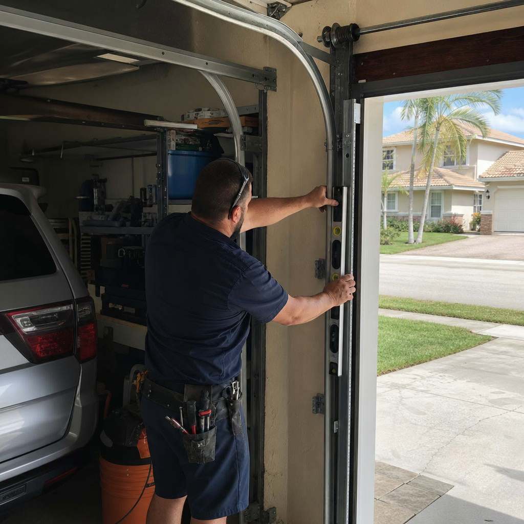 Technician checking vertical alignment of garage door track with a level