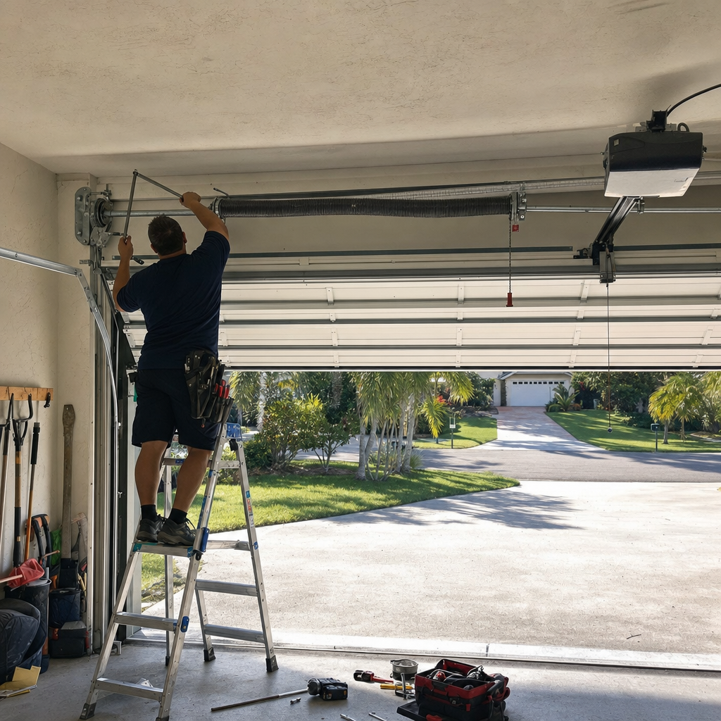 Technician performing professional garage door spring repair and maintenance